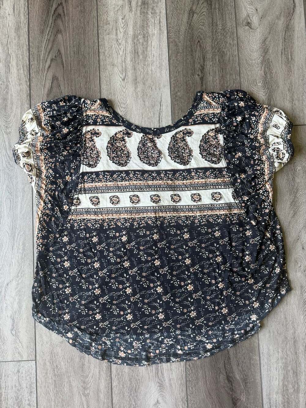 Free People Boho Paisley Floral Print Puff Sleeve Tunic Blouse-NWOT